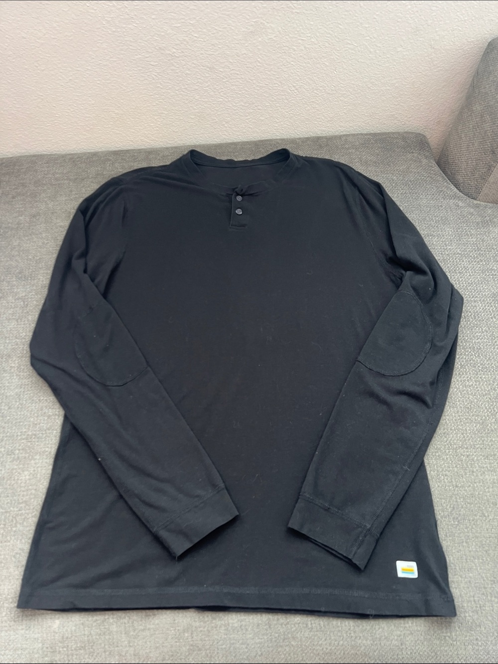 Vuori Black Long-Sleeve Henley with Elbow Patches